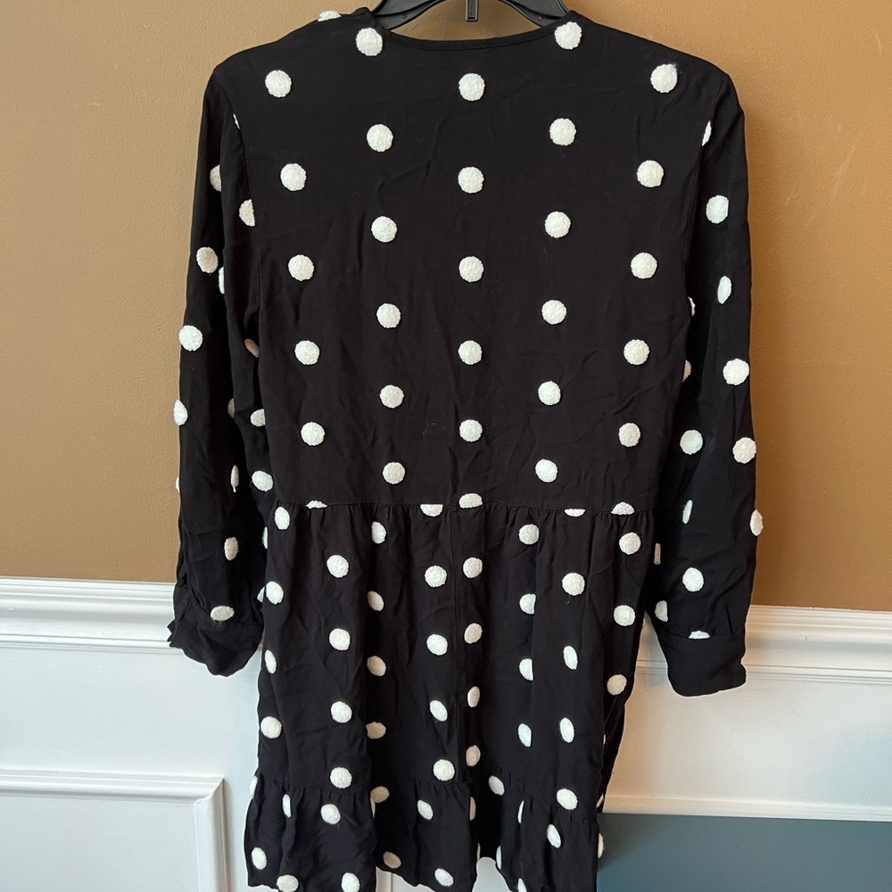 Zara Black Polka Dot Mini V-neck Long Sleeve Dress Size M Trendy Minimalist - Picture 4 of 6